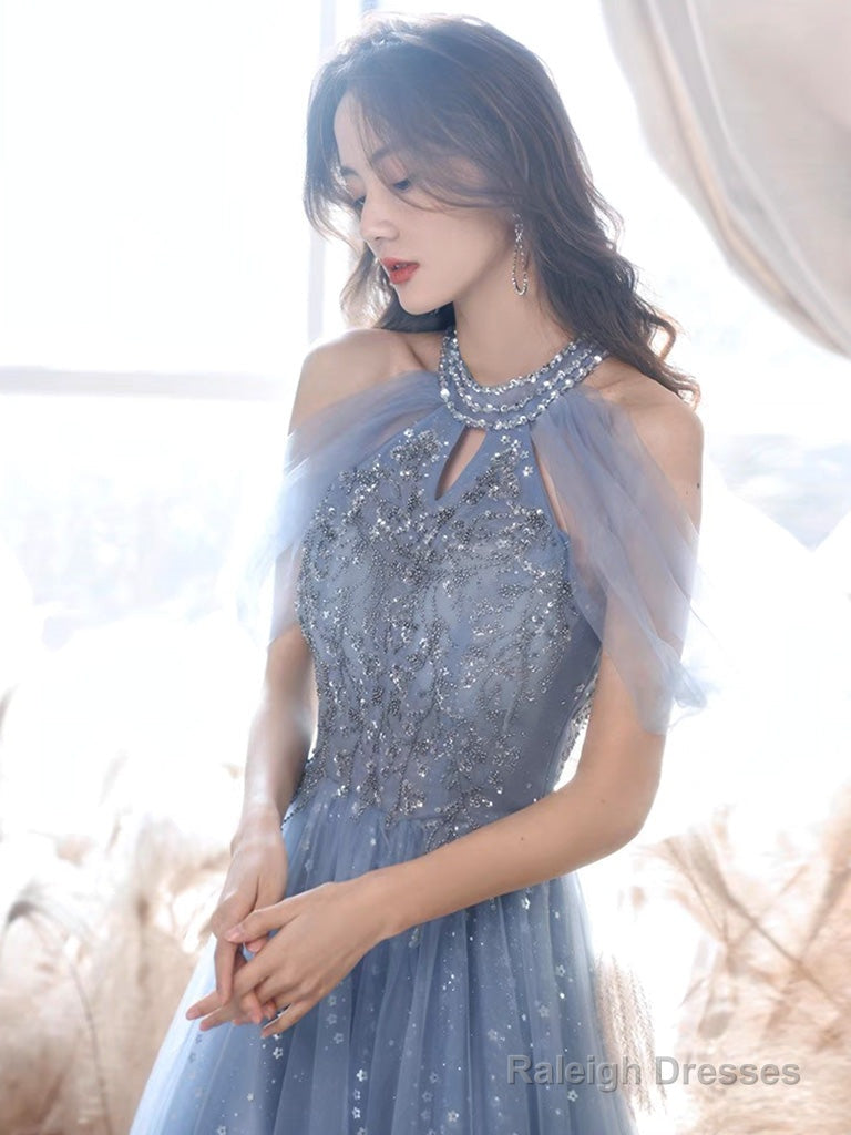 A-Line Off Shoulder Tulle Blue Long Prom Dresses Blue Lace Long Prom Dresses