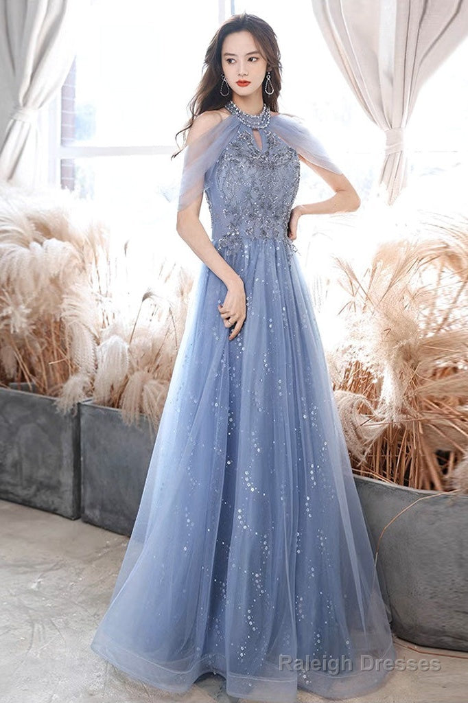 A-Line Off Shoulder Tulle Blue Long Prom Dresses Blue Lace Long Prom Dresses Main image