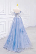 A-Line Off Shoulder Tulle Blue Long Prom Dresses Blue Long Prom Dresses