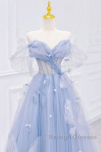 A-Line Off Shoulder Tulle Blue Long Prom Dresses Blue Long Prom Dresses