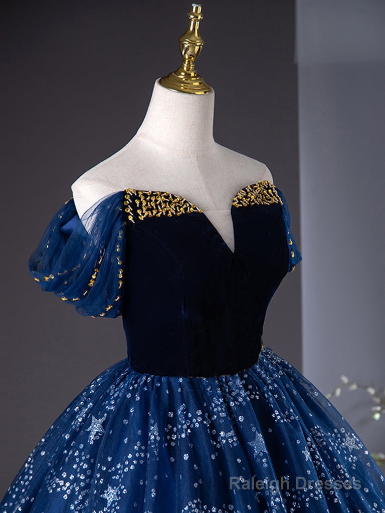 A-Line Off Shoulder Tulle Blue Long Prom Dress, Blue Long Formal Dress With Beads Secondary image