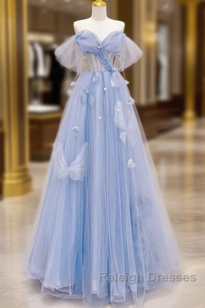A-Line Off Shoulder Tulle Blue Long Prom Dress, Blue Long Formal Dress Main image