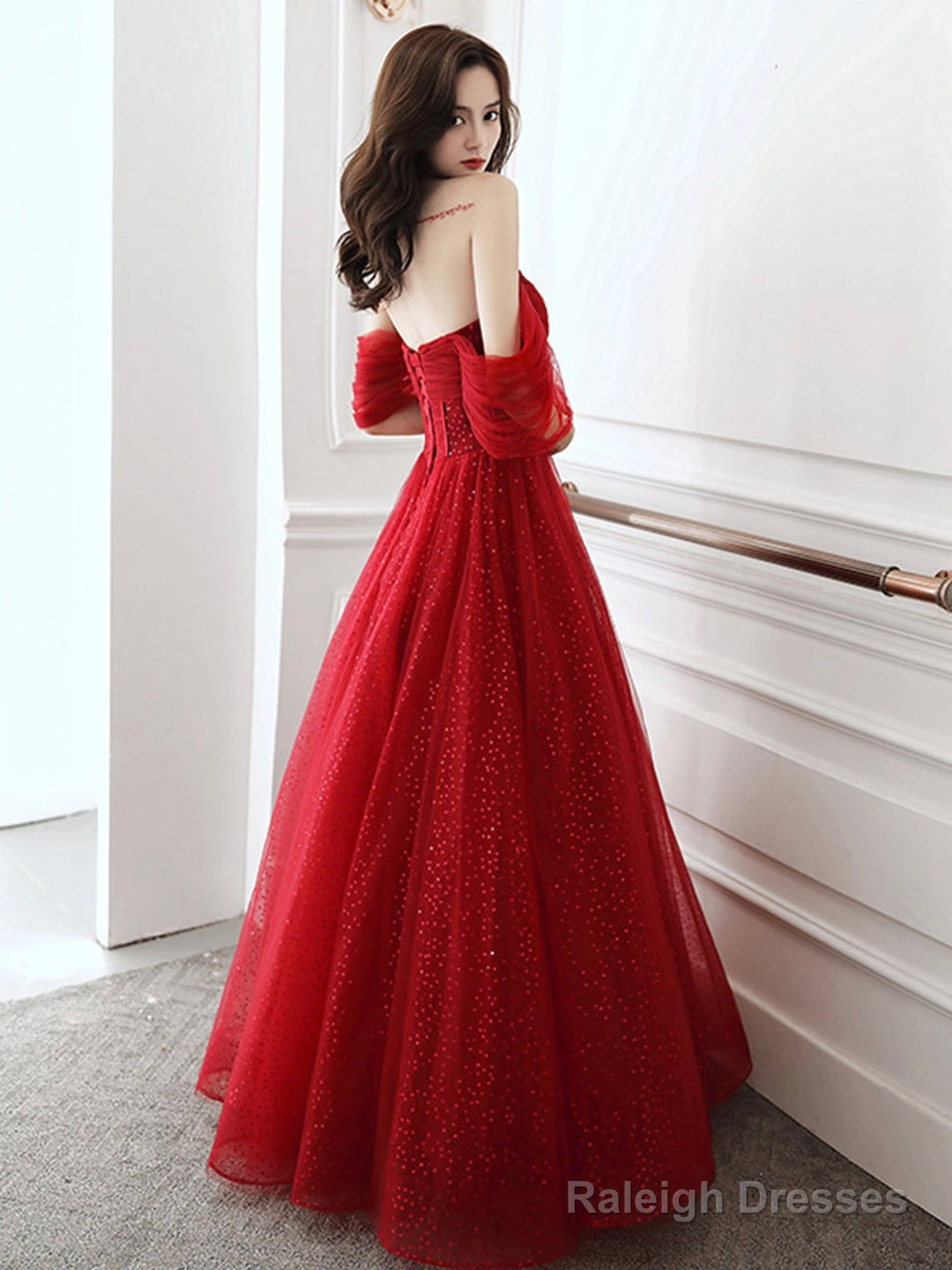 A-Line Off Shoulder Tulle Burgundy Long Prom Dress, Burgundy Long Evening Dress Secondary image