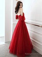 A-Line Off Shoulder Tulle Burgundy Long Prom Dress, Burgundy Long Evening Dress