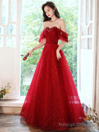 A-Line Off Shoulder Tulle Burgundy Long Prom Dress, Burgundy Long Evening Dress