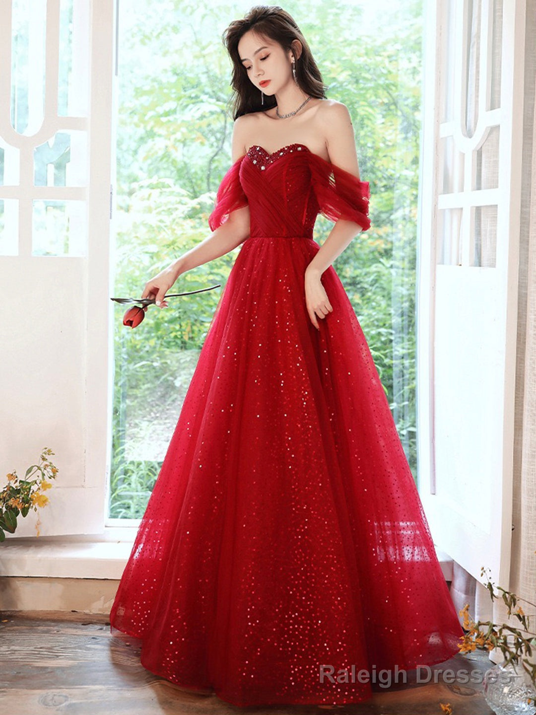 A-Line Off Shoulder Tulle Burgundy Long Prom Dress, Burgundy Long Evening Dress