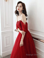 A-Line Off Shoulder Tulle Burgundy Long Prom Dress, Burgundy Long Evening Dress