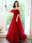 A-Line Off Shoulder Tulle Burgundy Long Prom Dress, Burgundy Long Evening Dress