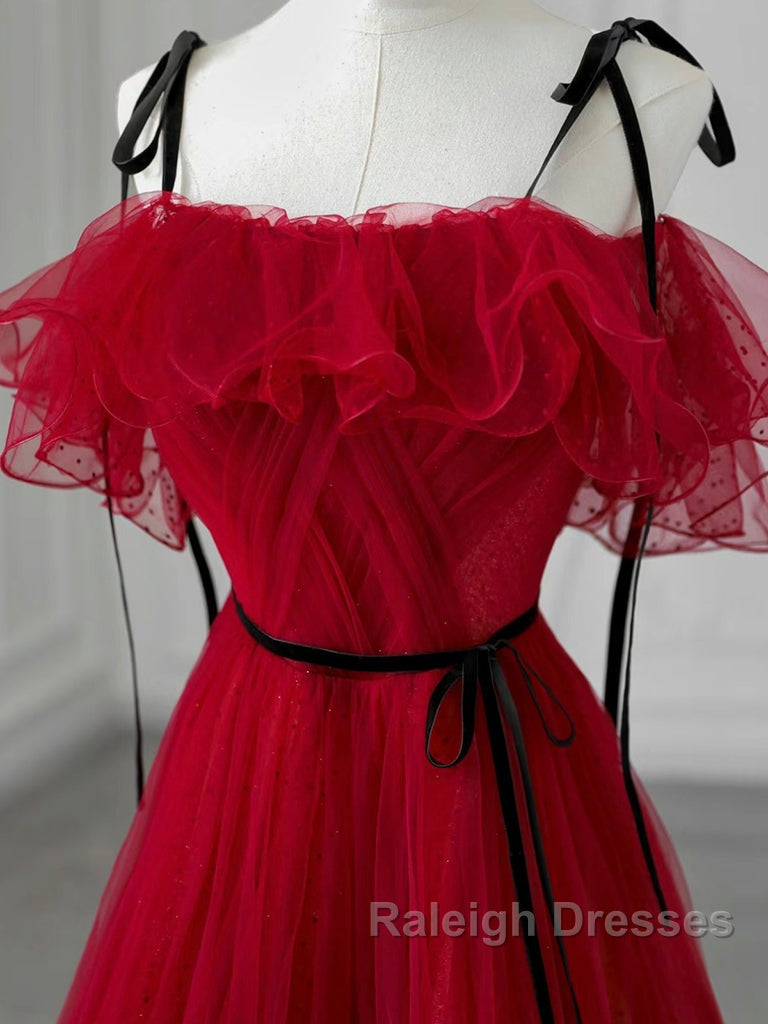 A-Line Off Shoulder Tulle Burgundy Long Prom Dress, Burgundy Long Formal Dress