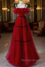 A-Line Off Shoulder Tulle Burgundy Long Prom Dress, Burgundy Long Formal Dress