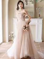 A-Line Off Shoulder Tulle Champagne Long Prom Dress, Champagne Long Formal Dress