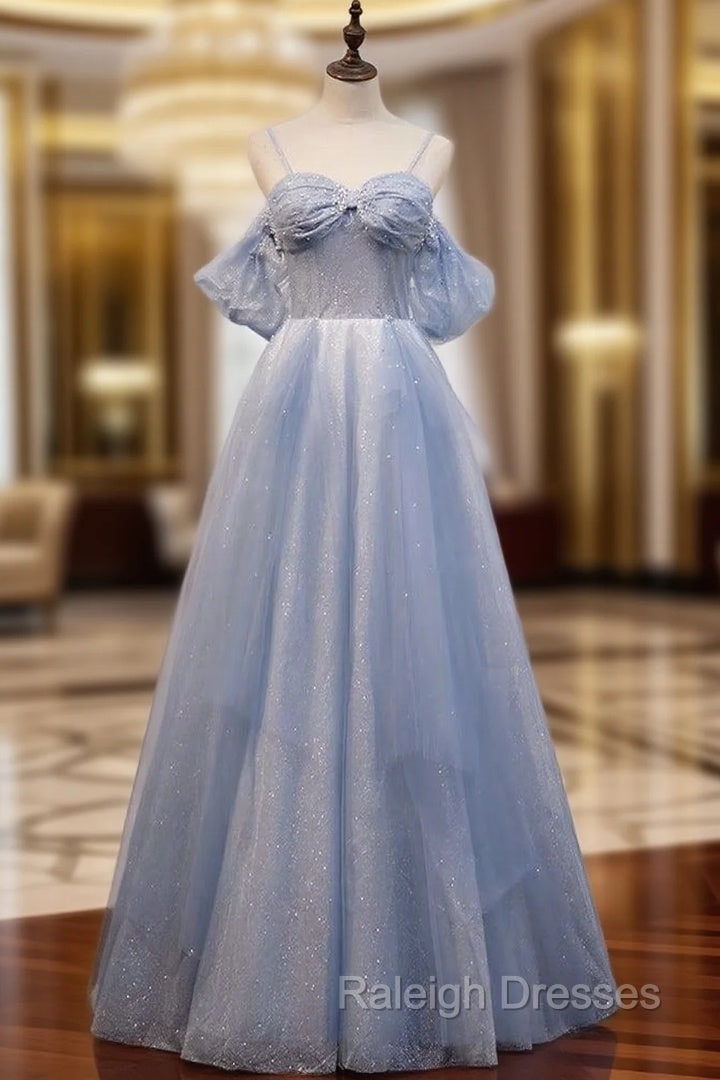 A-Line Off Shoulder Tulle Gray Blue Long Prom Dress, Gray Blue Long Formal Dress Main image