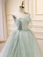 A Line Off Shoulder Tulle Green Long Prom Dresses, Green Formal Dress with Beading