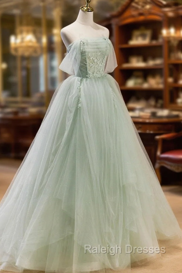 A-Line Off Shoulder Tulle Green Long Prom Dresses, Green Formal Dress with Beading