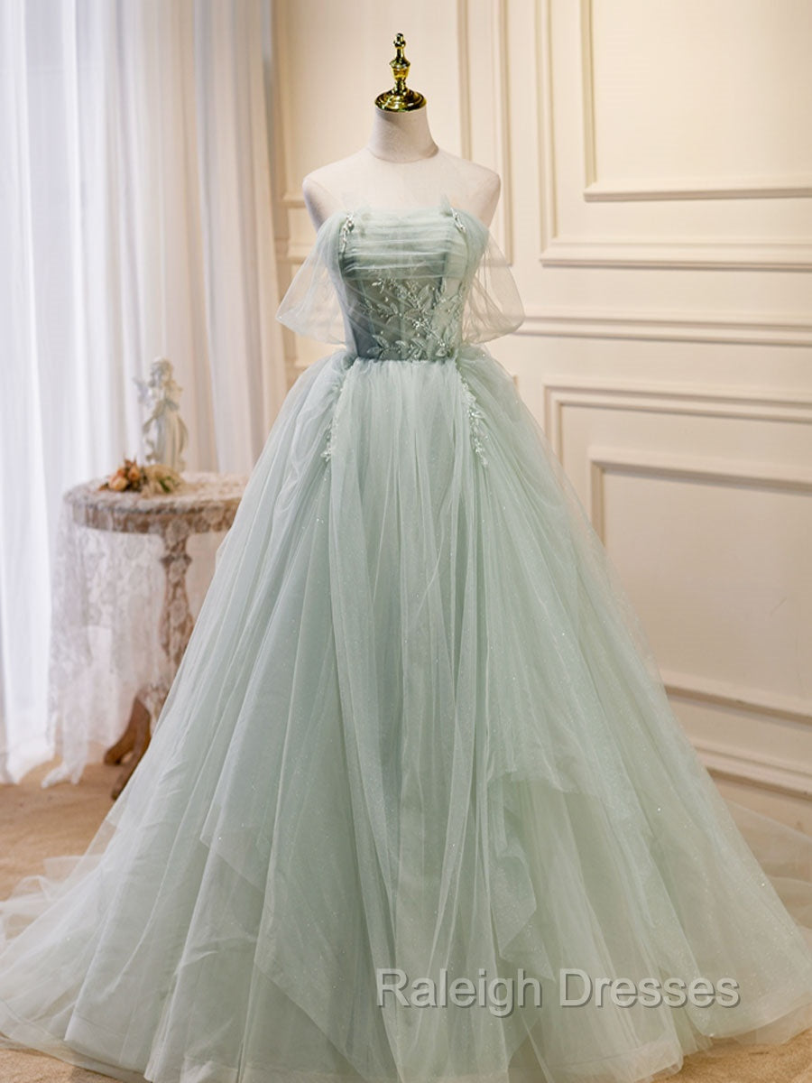 A-Line Off Shoulder Tulle Green Long Prom Dresses, Green Formal Dress with Beading Main image
