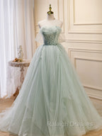 A-Line Off Shoulder Tulle Green Long Prom Dresses, Green Formal Dress with Beading