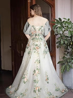 A-Line Off Shoulder Tulle Lace Applique White Long Prom Dresses White Long Prom Dresses