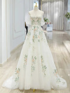 A-Line Off Shoulder Tulle Lace Applique White Long Prom Dresses White Long Prom Dresses