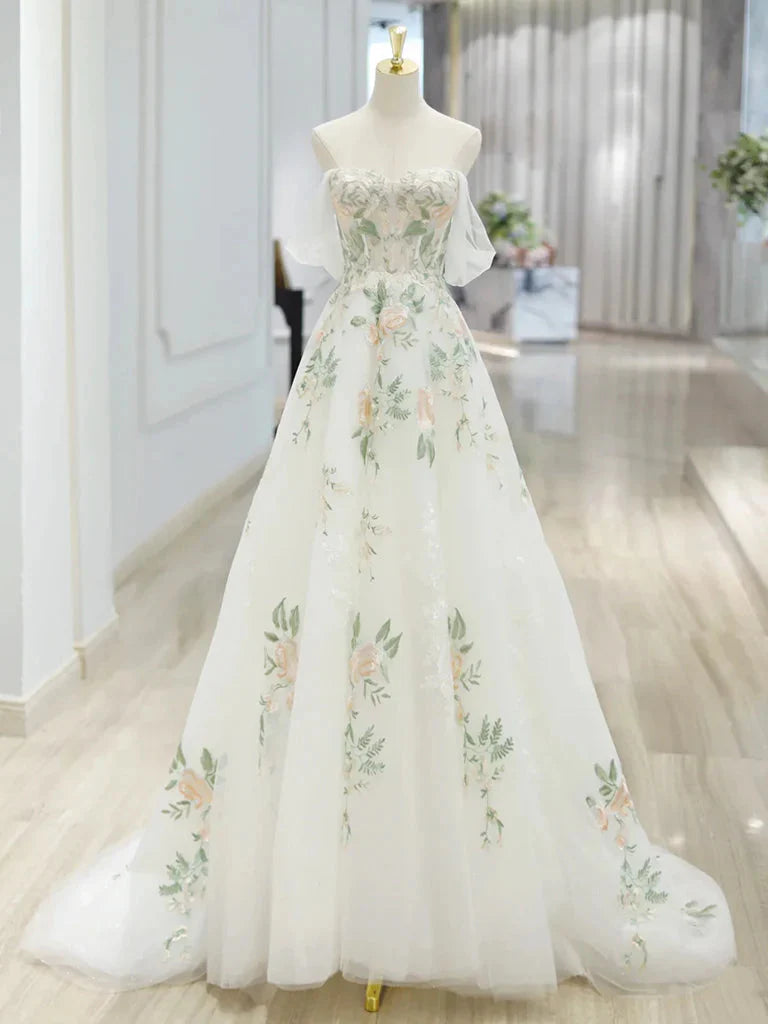A-Line Off Shoulder Tulle Lace Applique White Long Prom Dresses White Long Prom Dresses