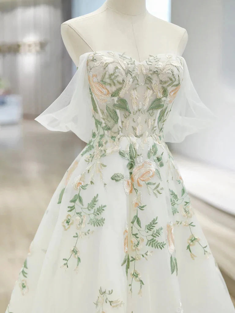 A-Line Off Shoulder Tulle Lace Applique White Long Prom Dresses White Long Prom Dresses