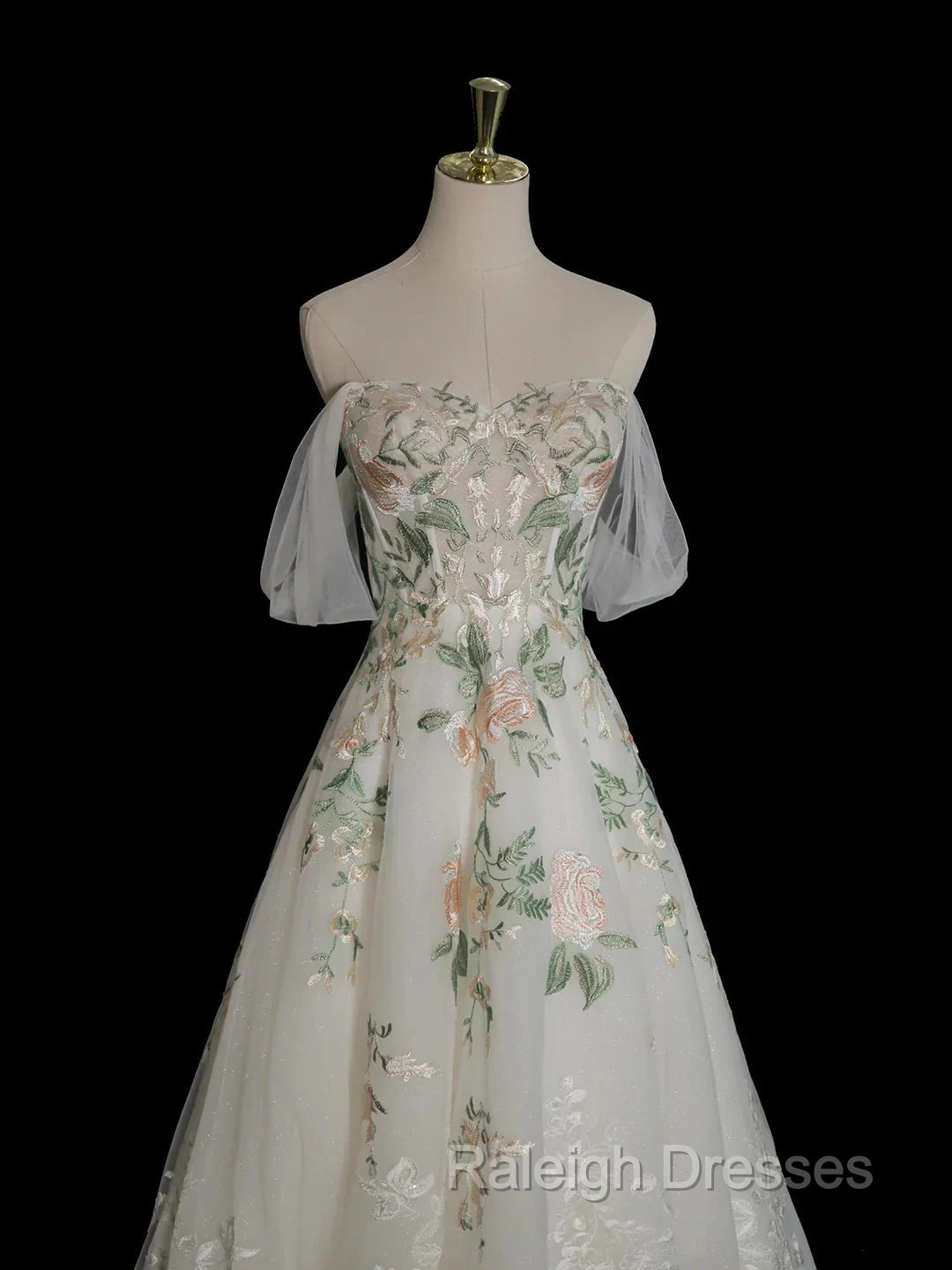 A-Line Off Shoulder Tulle Lace Applique White Long Prom Dress, White Long Formal Dress