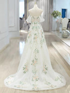 A-Line Off Shoulder Tulle Lace Applique White Long Prom Dresses White Long Prom Dresses