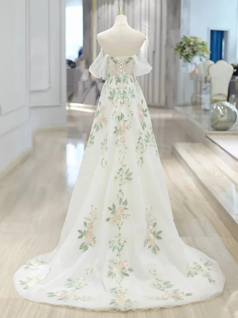 A-Line Off Shoulder Tulle Lace Applique White Long Prom Dresses White Long Prom Dresses