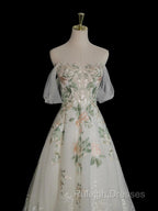 A Line Off Shoulder Tulle Lace Applique White Long Prom Dress, White Long Formal Dress