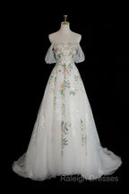 A Line Off Shoulder Tulle Lace Applique White Long Prom Dress, White Long Formal Dress