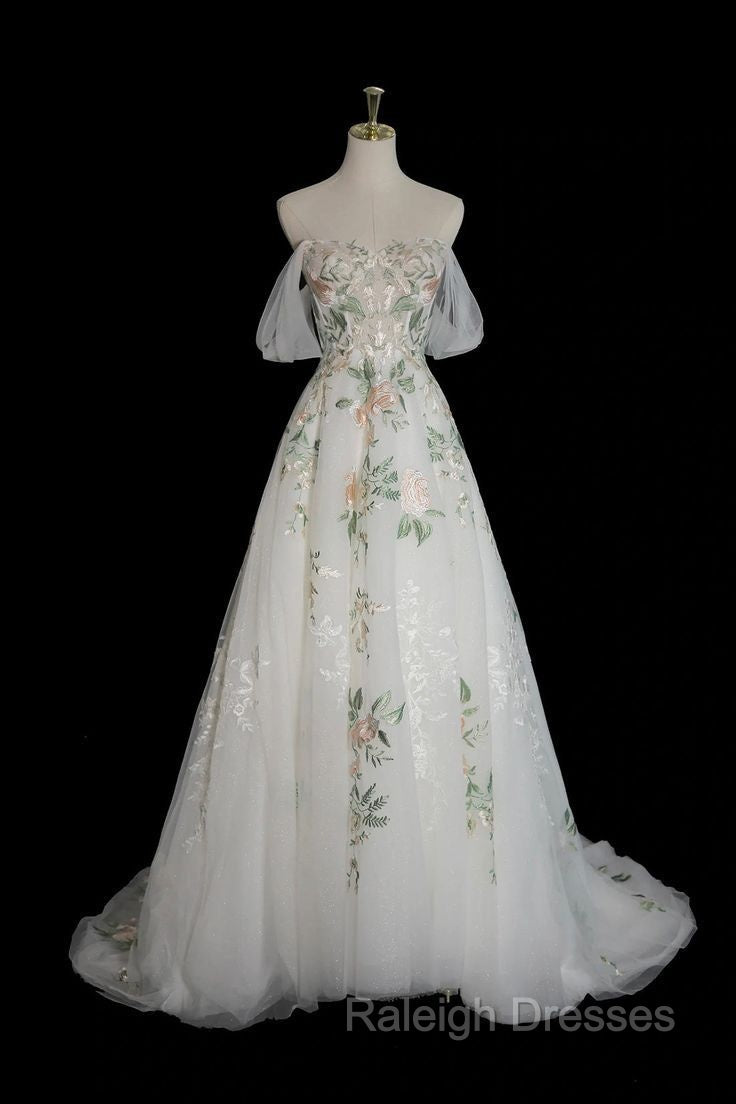 A Line Off Shoulder Tulle Lace Applique White Long Prom Dress, White Long Formal Dress