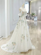 A-Line Off Shoulder Tulle Lace Applique White Long Prom Dresses White Long Prom Dresses