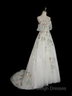 A-Line Off Shoulder Tulle Lace Applique White Long Prom Dress, White Long Formal Dress