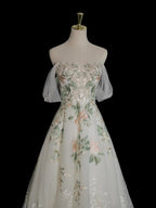 A-Line Off Shoulder Tulle Lace Applique White Long Prom Dresses White Long Prom Dresses