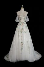 A-Line Off Shoulder Tulle Lace Applique White Long Prom Dresses White Long Prom Dresses