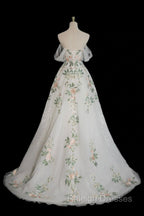 A Line Off Shoulder Tulle Lace Applique White Long Prom Dress, White Long Formal Dress
