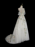 A-Line Off Shoulder Tulle Lace Applique White Long Prom Dresses White Long Prom Dresses