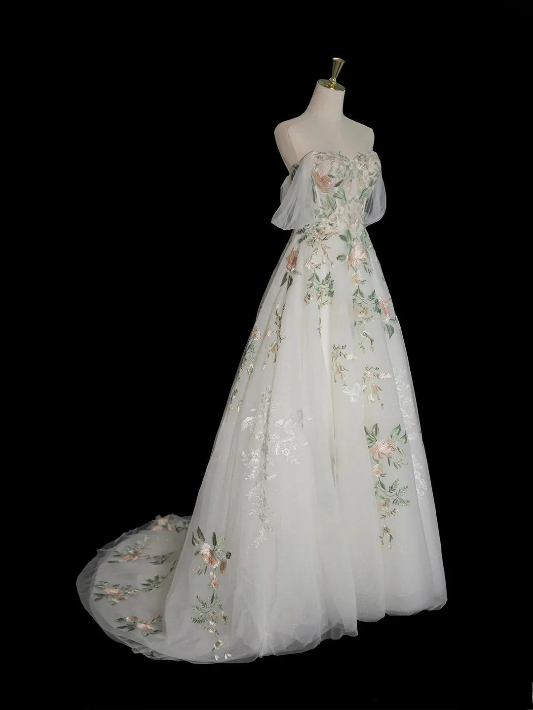 A-Line Off Shoulder Tulle Lace Applique White Long Prom Dresses White Long Prom Dresses