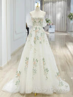 A Line Off Shoulder Tulle Lace Applique White Long Prom Dress, White Long Formal Dress