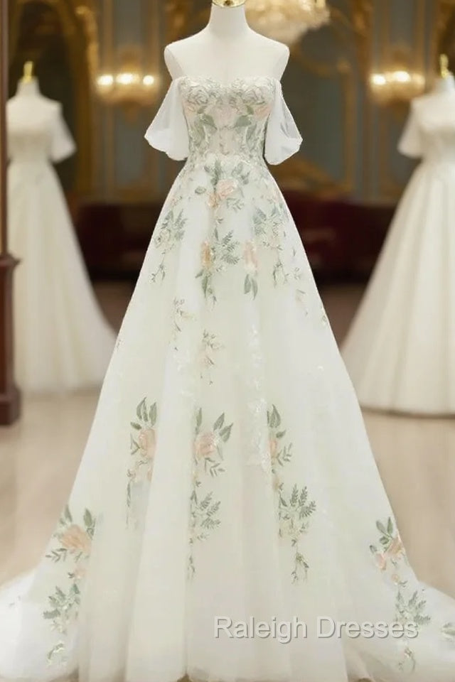A Line Off Shoulder Tulle Lace Applique White Long Prom Dress, White Long Formal Dress Main image