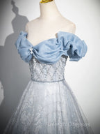 A-Line Off Shoulder Tulle Lace Beads Blue Long Prom Dresses Blue Long Prom Dresses