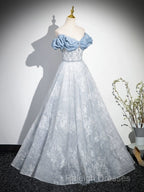 A-Line Off Shoulder Tulle Lace Beads Blue Long Prom Dress, Blue Long Formal Dress