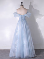 A-Line Off Shoulder Tulle Lace Blue Long Prom Dresses Blue Long Prom Dresses