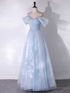 A-Line Off Shoulder Tulle Lace Blue Long Prom Dresses Blue Long Prom Dresses