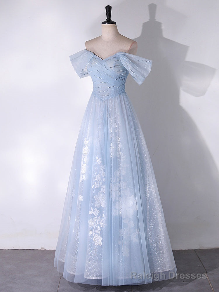 A-Line Off Shoulder Tulle Lace Blue Long Prom Dresses Blue Long Prom Dresses