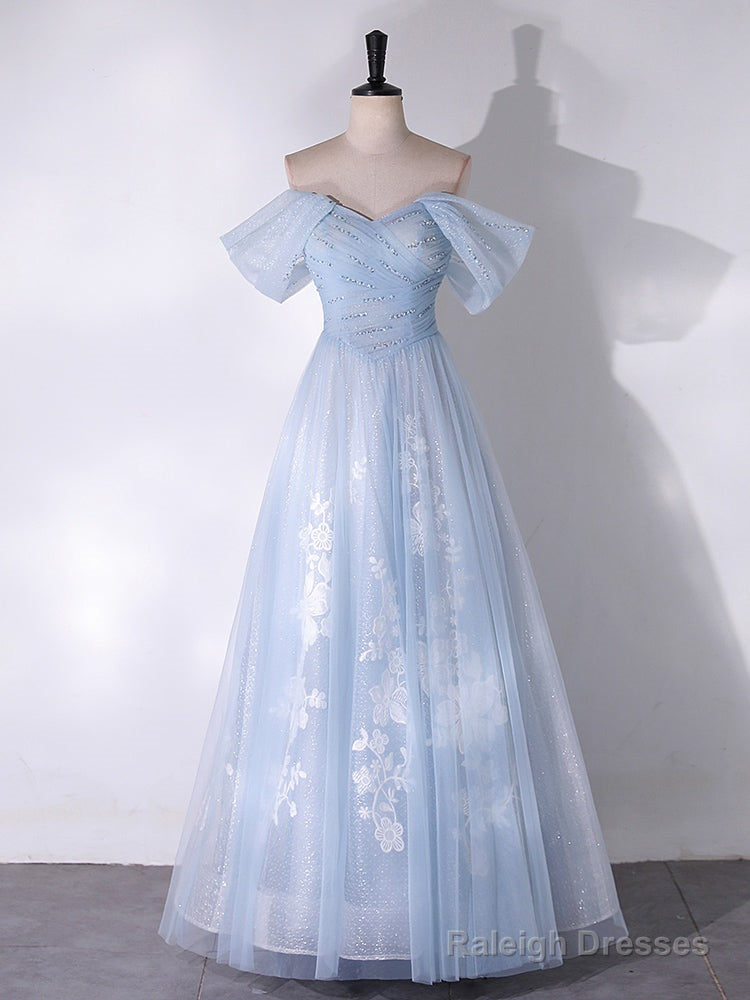 A-Line Off Shoulder Tulle Lace Blue Long Prom Dresses Blue Long Prom Dresses Main image