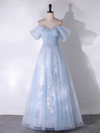 A-Line Off Shoulder Tulle Lace Blue Long Prom Dresses Blue Long Prom Dresses