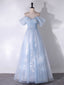 A-Line Off Shoulder Tulle Lace Blue Long Prom Dresses Blue Long Prom Dresses