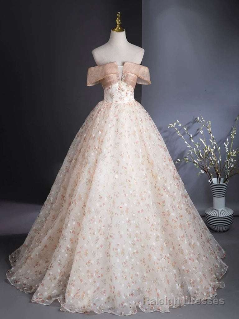 A-Line Off Shoulder Tulle Lace Champagne Long Prom Dresses Secondary image