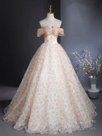 A-Line Off Shoulder Tulle Lace Champagne Long Prom Dresses