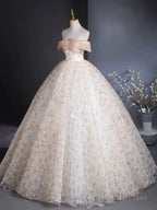 A-Line Off Shoulder Tulle Lace Champagne Long Prom Dresses